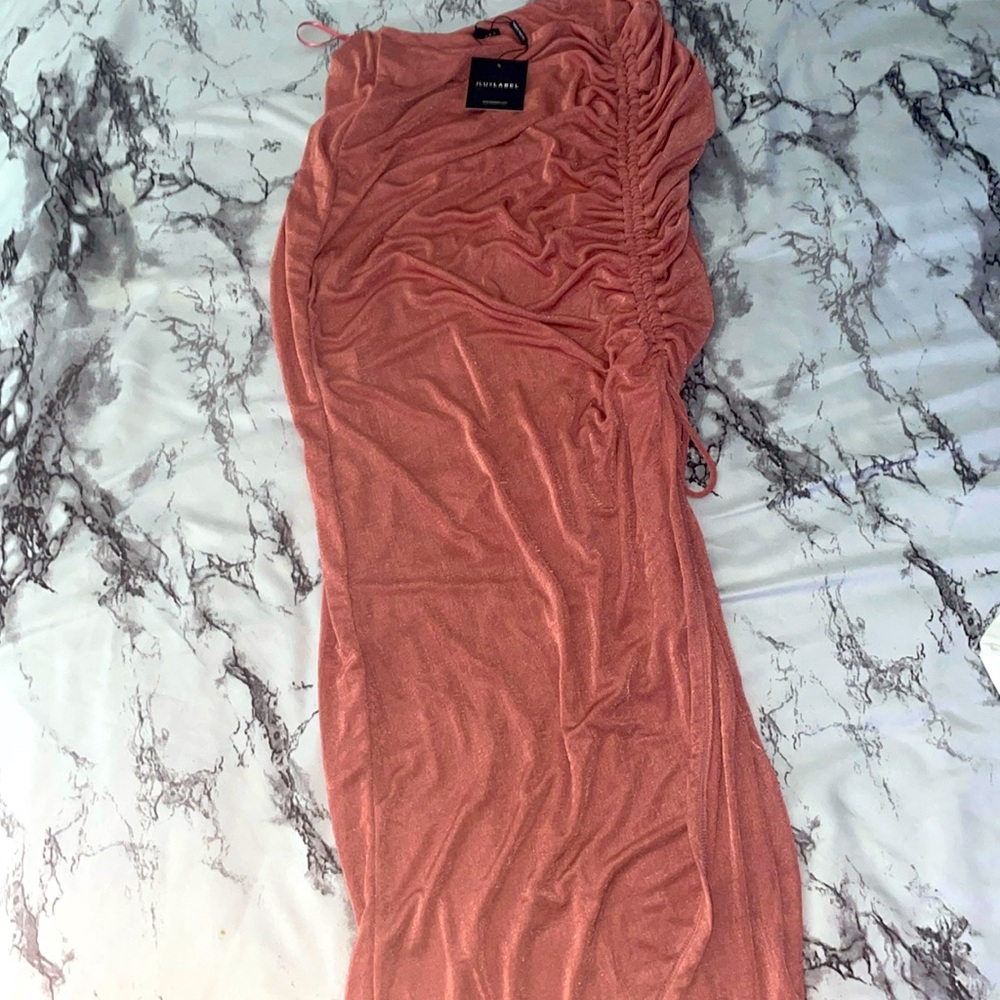 JLUXLABEL Coral Pink Maxi Slinky Skirt with Side Ruching